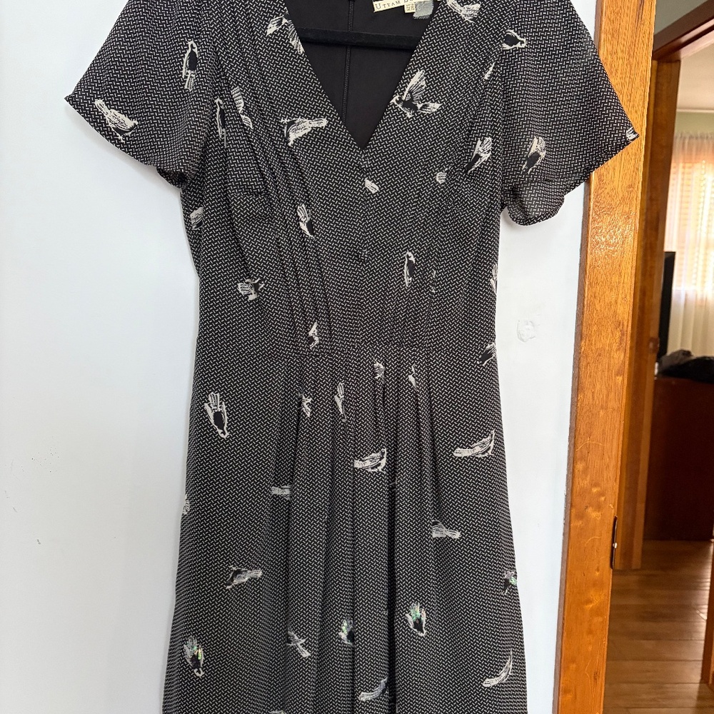 Uttam Boutique Black Bird Print Fit & Flare Dress US 2/4
